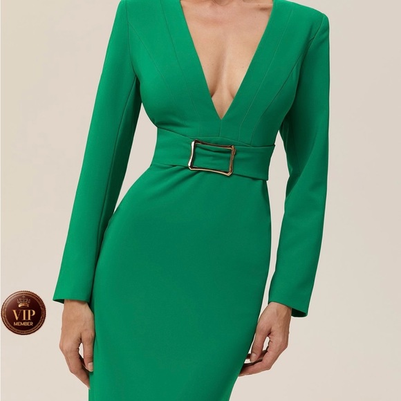 Green Deep V Neck Long Sleeve Sheath Maxi Dress - Picture 5 of 8